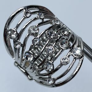 Stunning Silver Tone White Rhinestone Wide Stretch Band Ring Statement Fashion